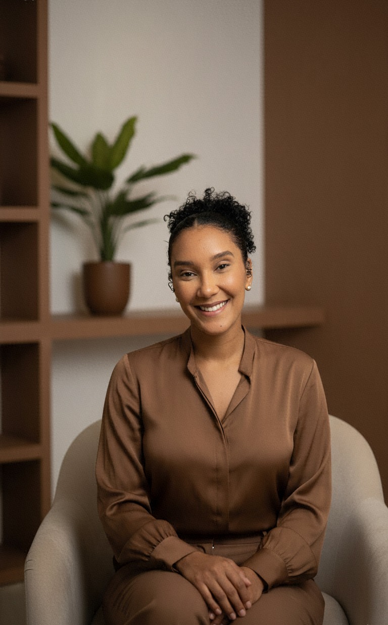 Maisa França, psicóloga clínica, sorrindo em ambiente acolhedor